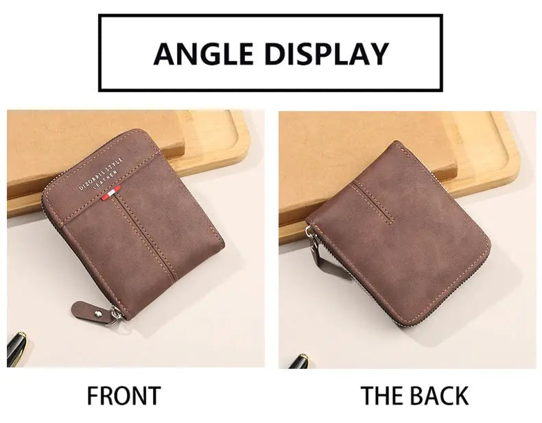 Simples Market brown leather men's wallet with horizontal zipper pocket; compact three-fold design, front and back views.
