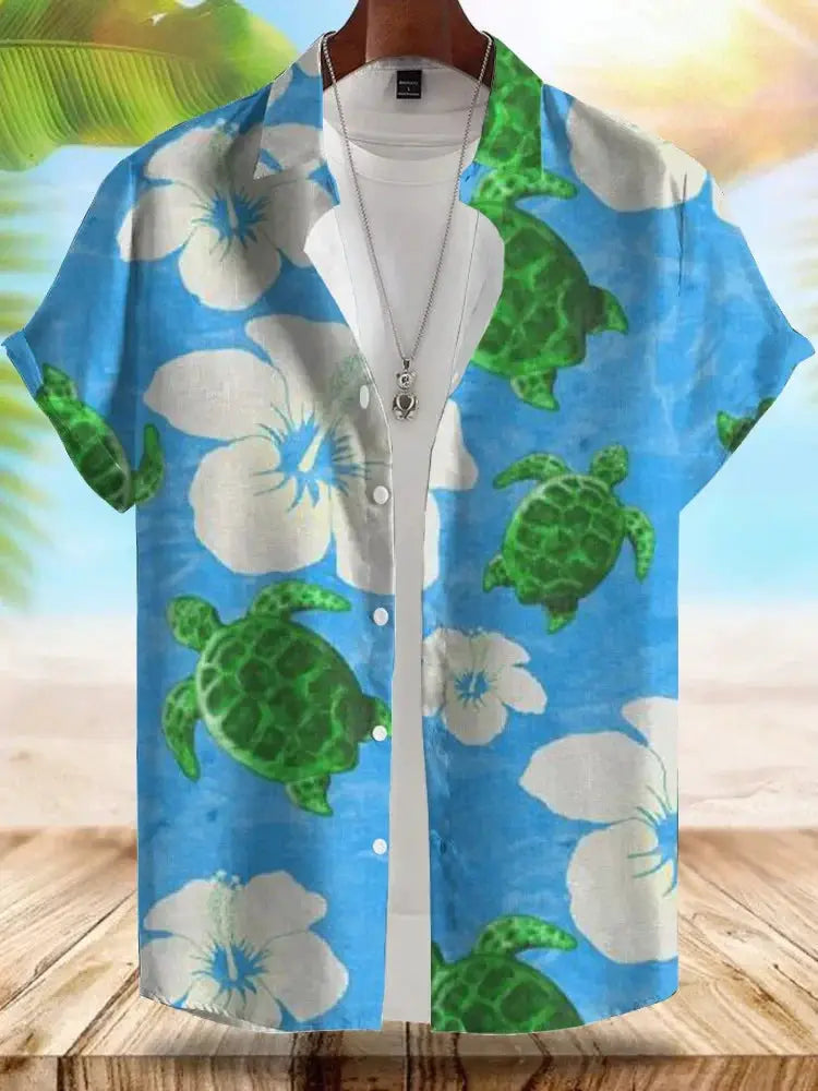 Seaside Hawaiian Style Men's Shirt by Simples Market, blue shirt with white hibiscus flowers and green turtles.