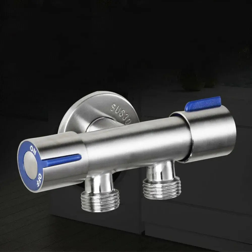 Double-handle stainless steel cold water faucet with two male outlets and blue knobs