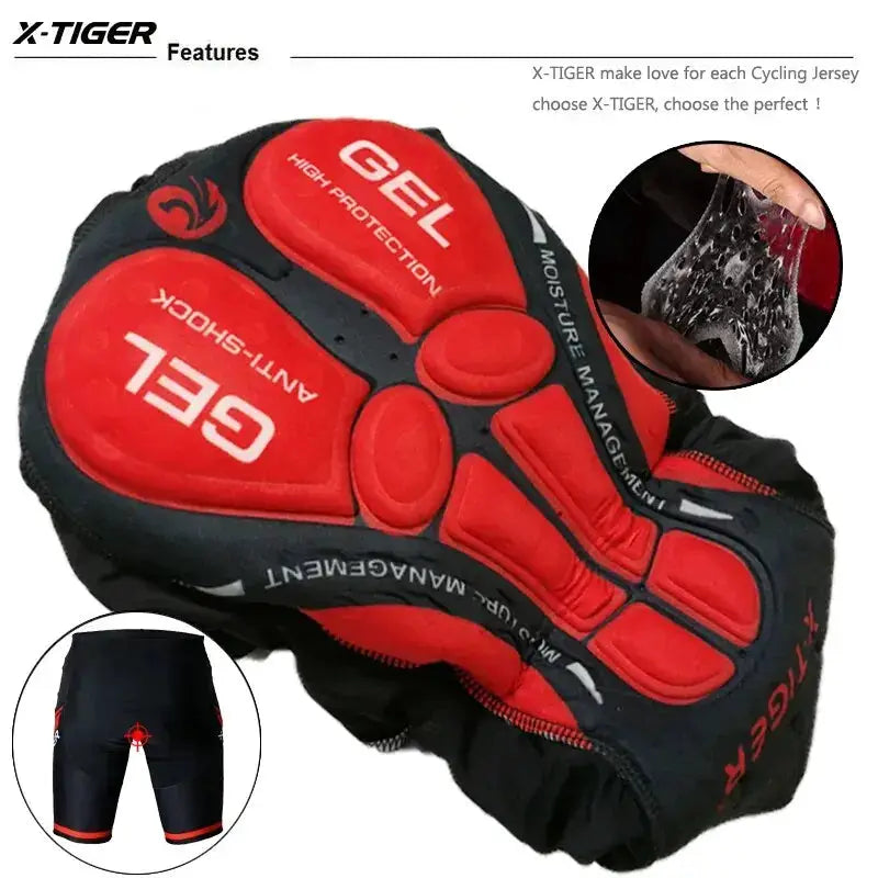 X-TIGER men's cycling shorts with gel pad, black/red, anti-slip leg grips, MTB/road bike apparel