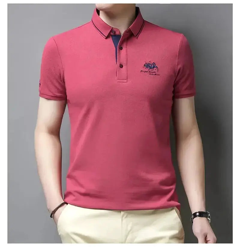 Men's pink polo shirt by Simples Market with short sleeves and left chest embroidery