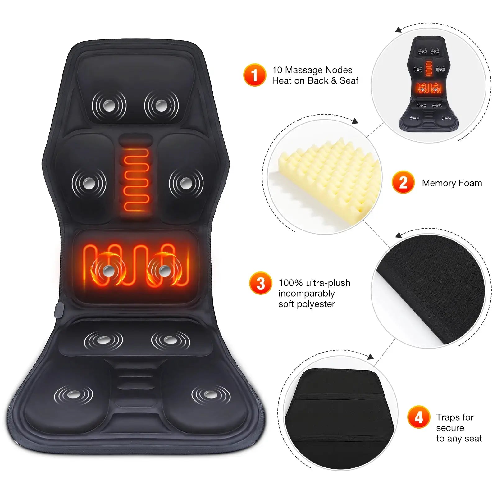 Simples Market electric back massager cushion with 10 massage nodes and infrared heat, memory foam padding