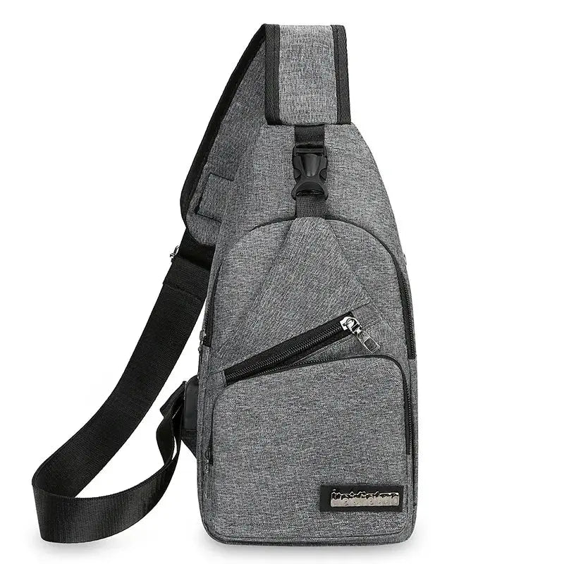 Simples Market men's chest bag, grey canvas crossbody with multiple zip pockets