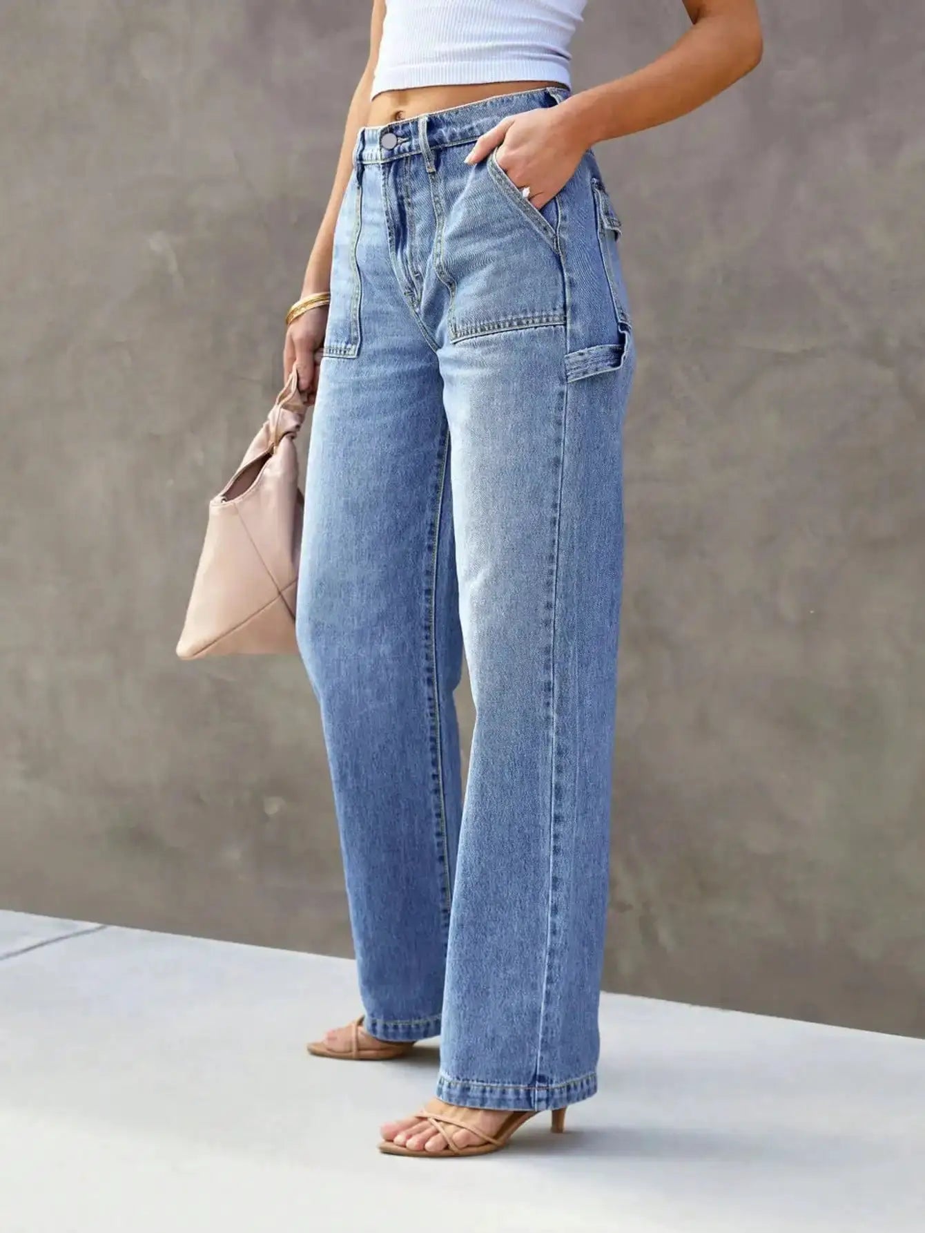 Women Light Blue Wide Leg Jeans Straight Leg Denim Pants Comfortable