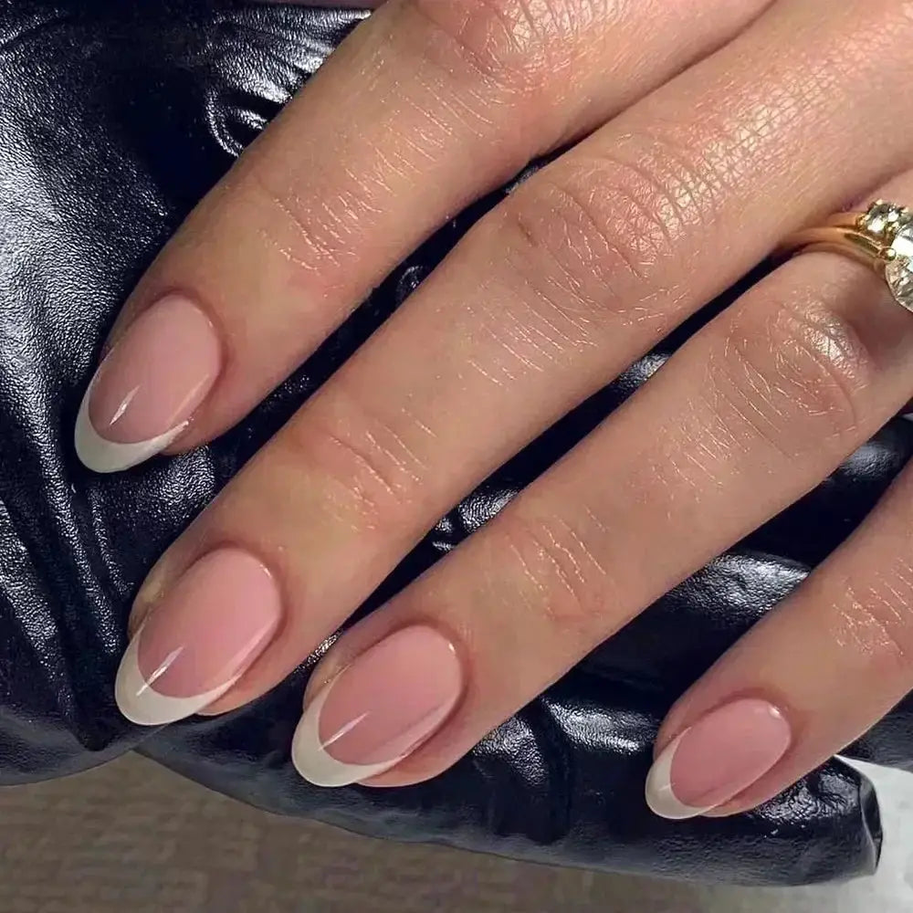 Glamora French Almond False Nails 24 Piece Press On Stiletto Tips With White Edge Design Glue Included For Wearable Glam
