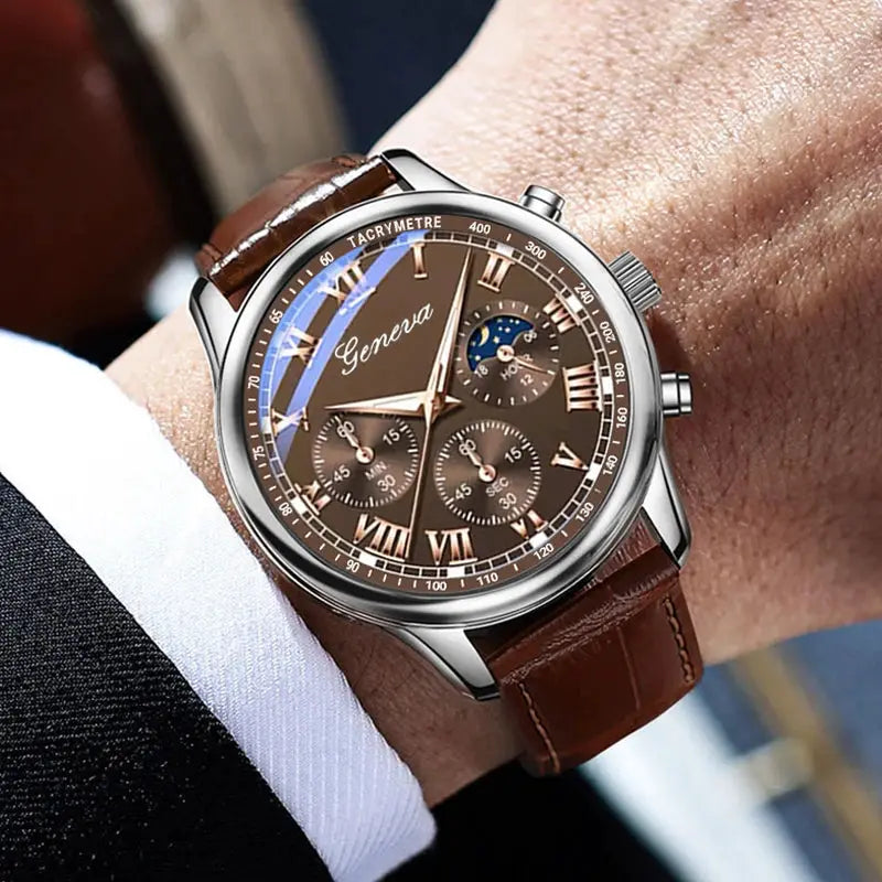 Mens PU Leather Strap Quartz Wristwatch With Stopwatch Durable Outdoor Casual Timepiece For Everyday Use