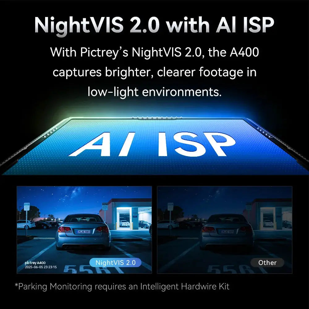 Pictrey A400 dash cam with 4K, built-in ADAS, Wi-Fi and 1.9-inch IPS screen featuring NightVIS 2.0 AI ISP.