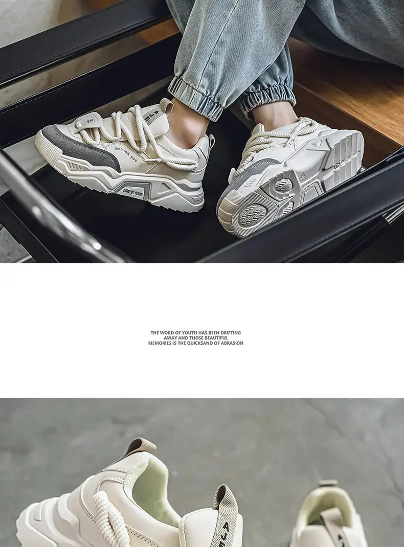 Simples Market men's casual sneakers, white/cream low-top skate shoes with a chunky sole