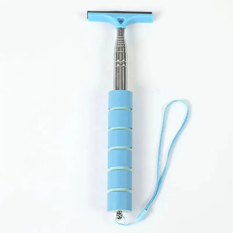 Car window cleaning tool by Simples Market with blue telescopic handle, blue squeegee head, and wrist strap