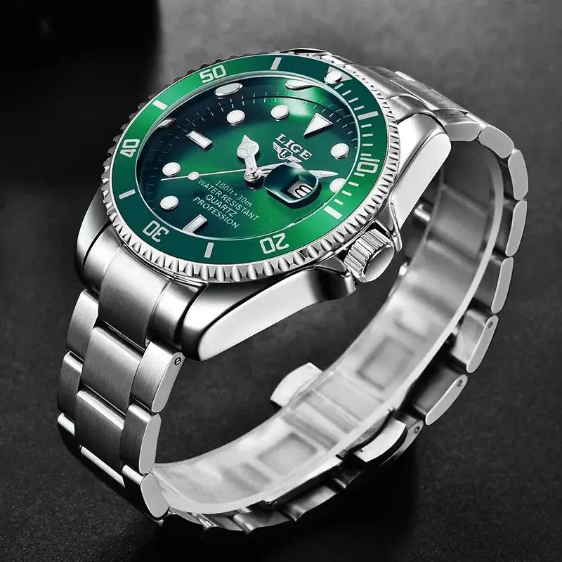 LIGE Luxury Fashion Diver Watch For Men 30ATM Waterproof Quartz Date Stainless Steel Wristwatch