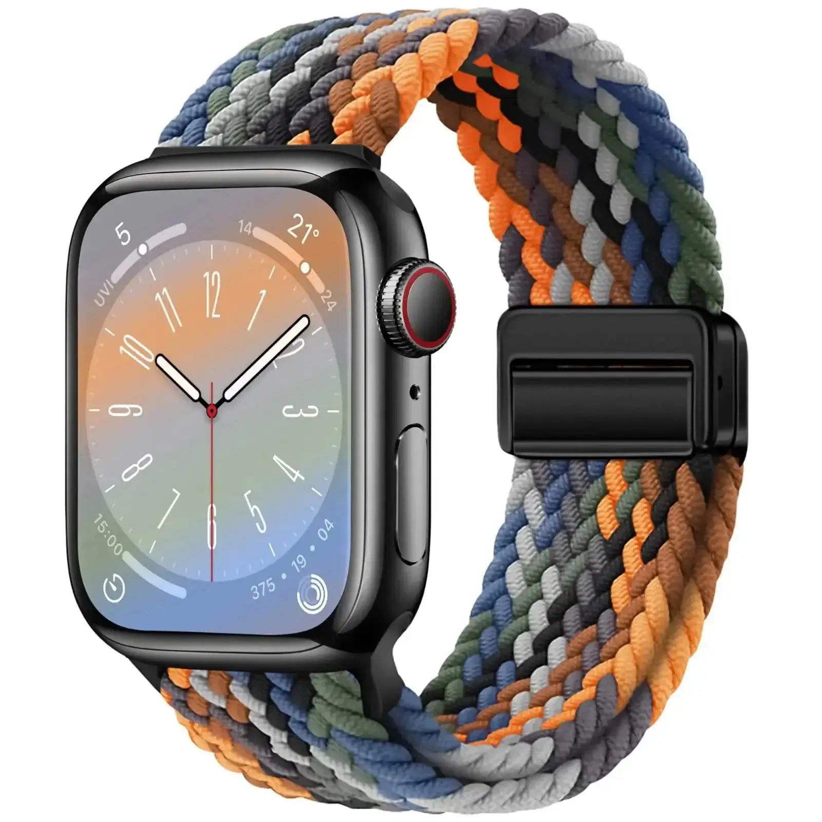 Braided Apple Watch band by Simples Market; multicolor woven strap with magnetic buckle for 38–49mm Apple Watch.