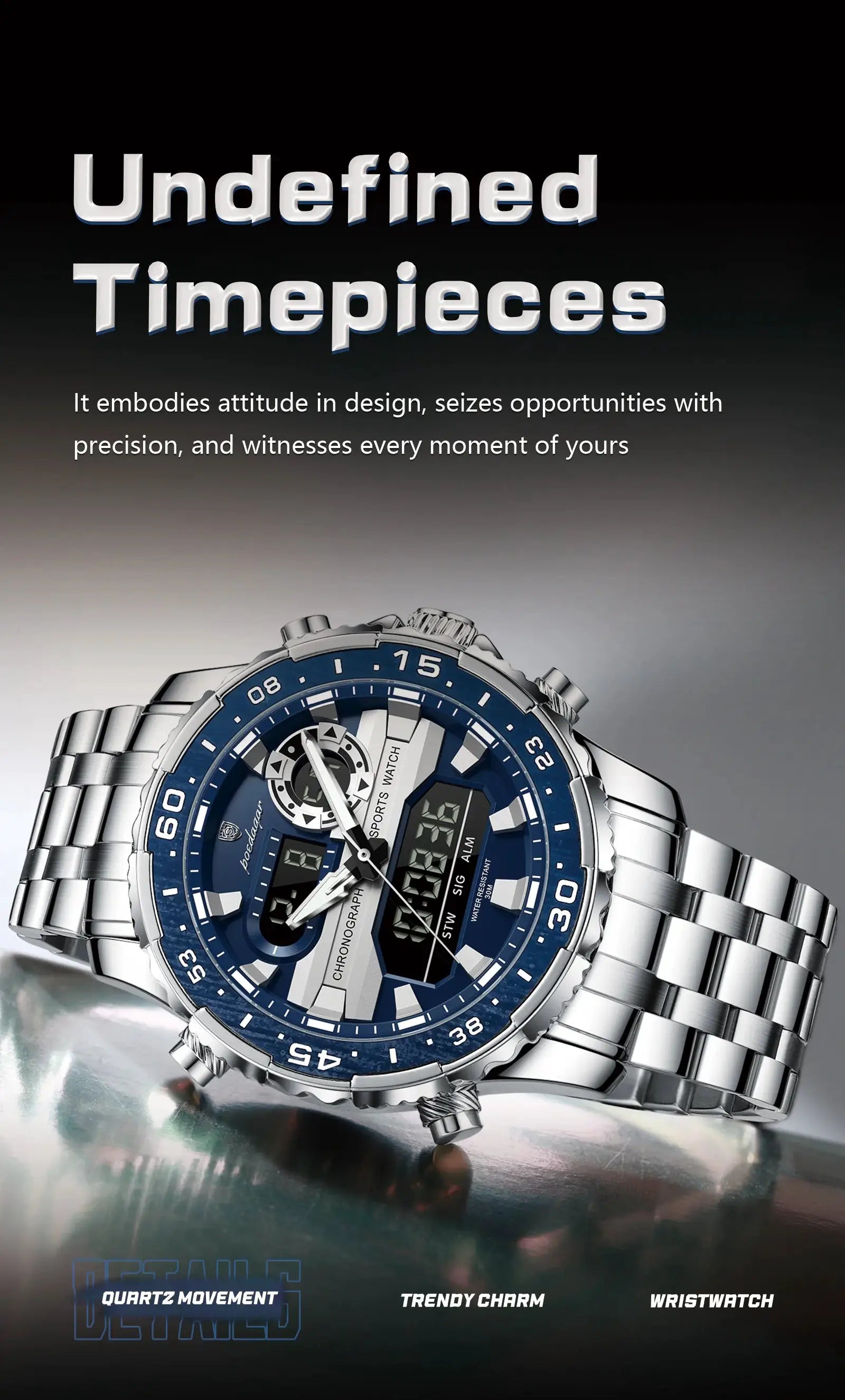 POEDAGAR men's electronic fashion wristwatch with blue dial and stainless steel bracelet, dual time display