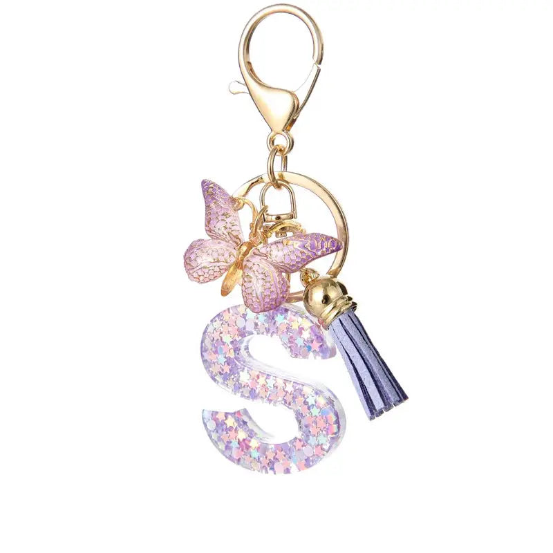 Sequin Letters Keychain For Women With Tassel Butterfly Pendant Initial Key Ring Purse Charm Car Key Chain Accessories