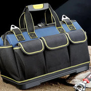 Multifunctional tool bag, 13–23in, waterproof and wear-resistant, black with blue trim.