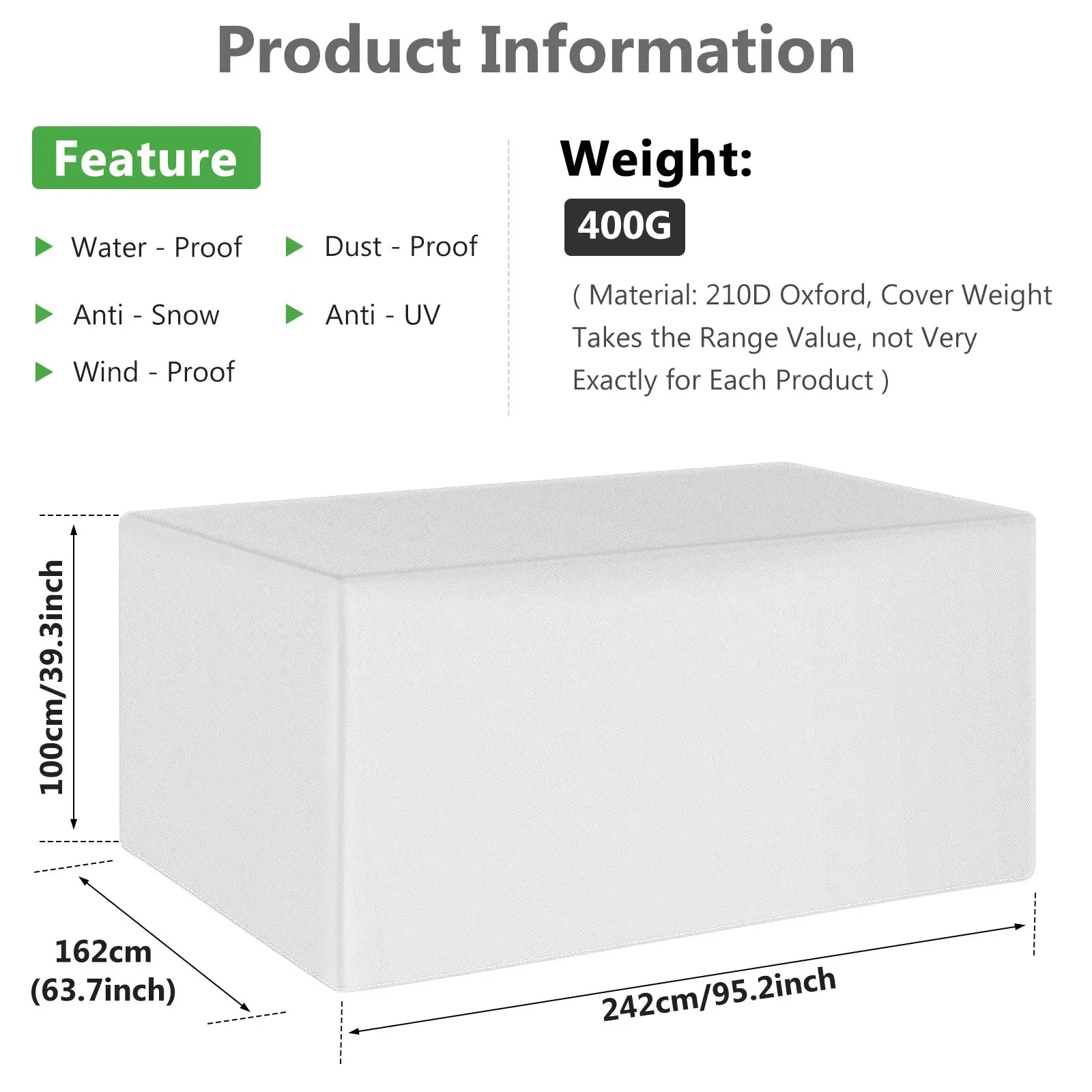 Simples Market 210D Oxford outdoor furniture cover; waterproof, dustproof, wind-UV-proof, 100x162x242 cm