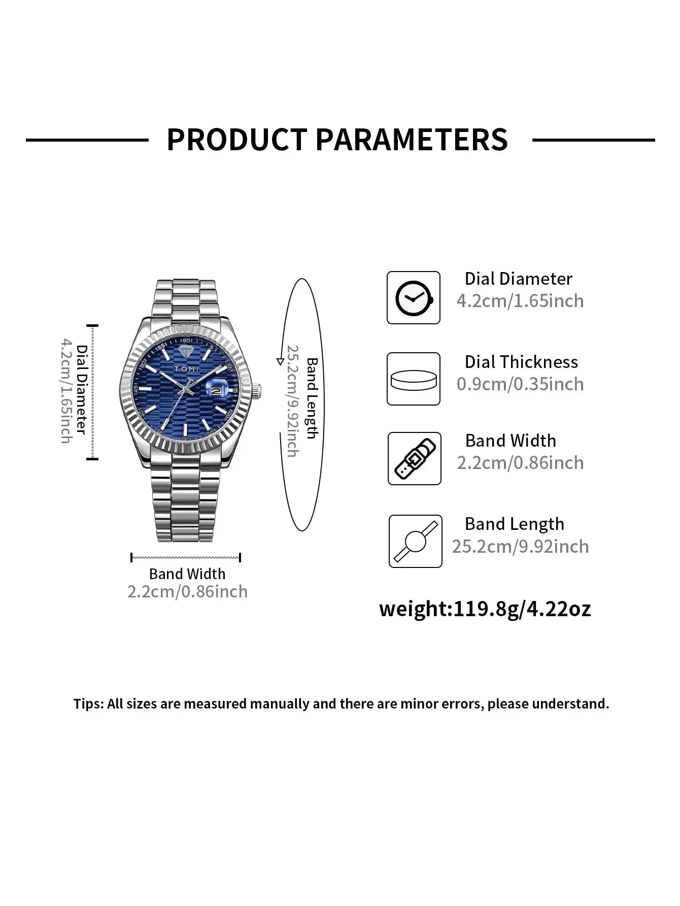 TOMI men's stainless steel watch with blue dial, date window and metal bracelet