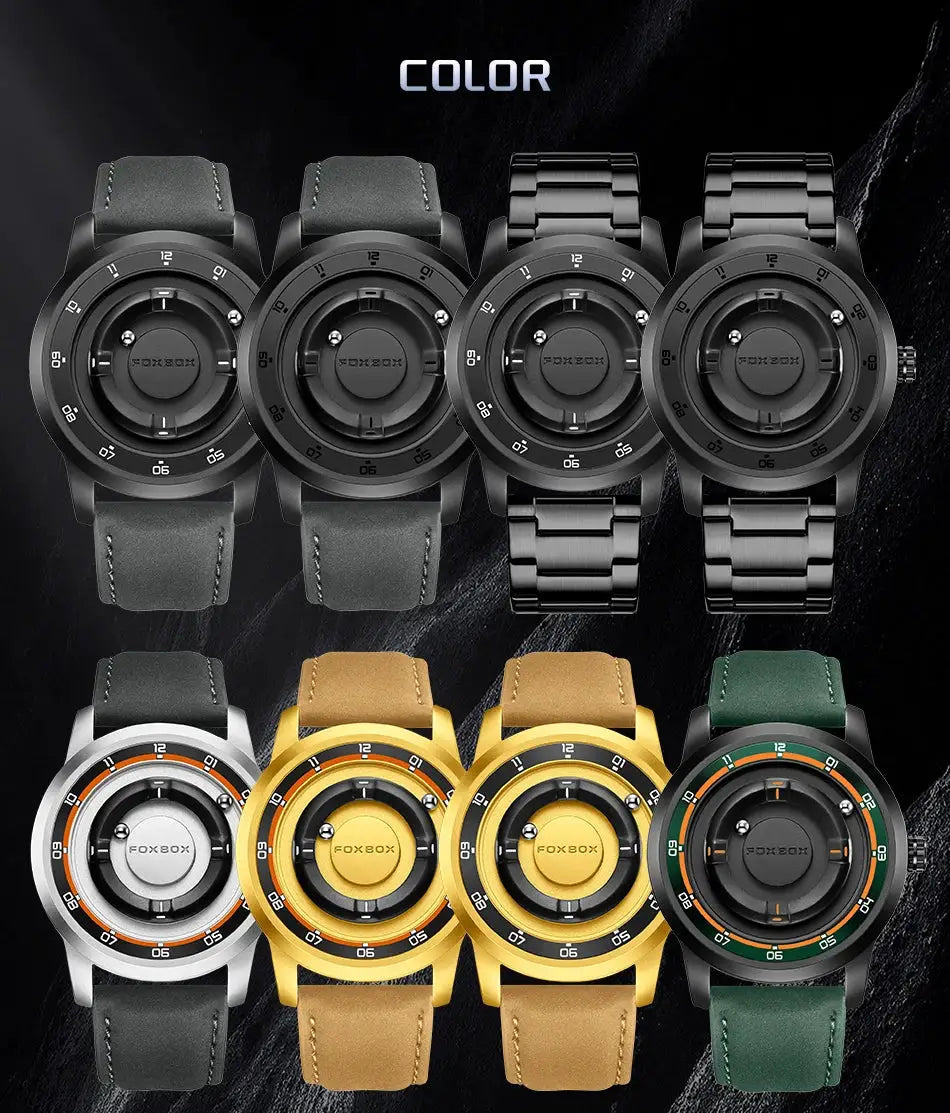 FOXBOX men's silicone watches collection, eight variants in black, silver, gold and green straps