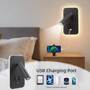 Chargeable USB wall lamp with rotatable black head on a rectangular backplate; USB charging port and warm bedside glow