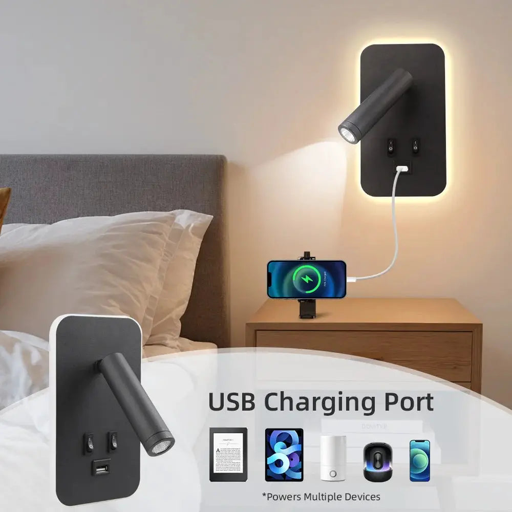 Chargeable USB wall lamp with rotatable black head on a rectangular backplate; USB charging port and warm bedside glow