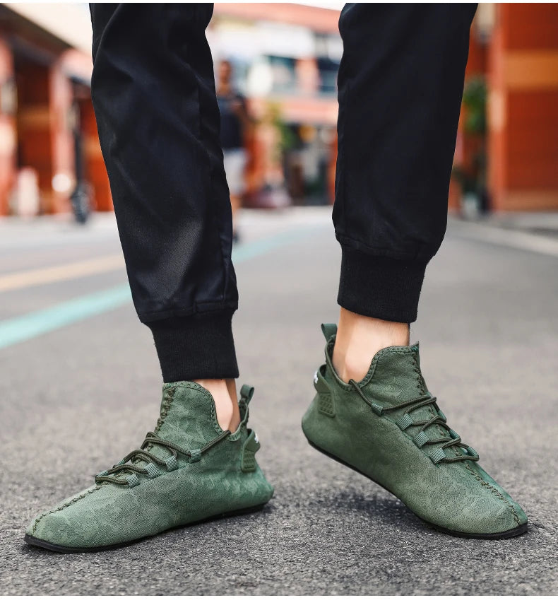 YRZL men mesh loafers olive green driving moccasins with lace-up detail