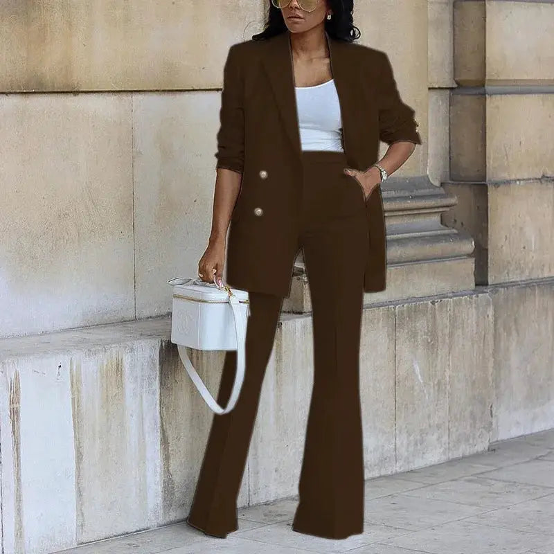 Brown 2-piece blazer and high-waisted straight-leg pants suit for women, double-breasted blazer with gold buttons