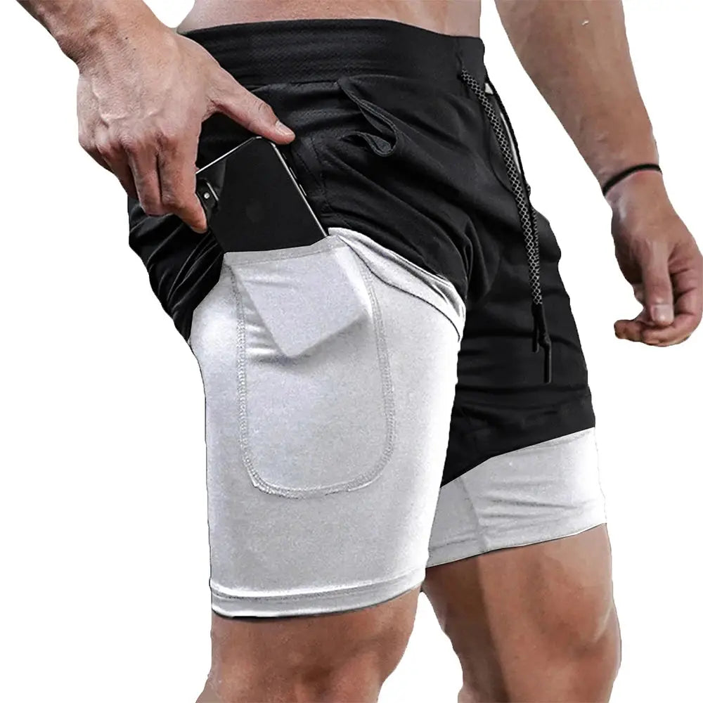 Men's 2-in-1 quick-dry gym shorts in black with grey inner shorts; phone pocket.