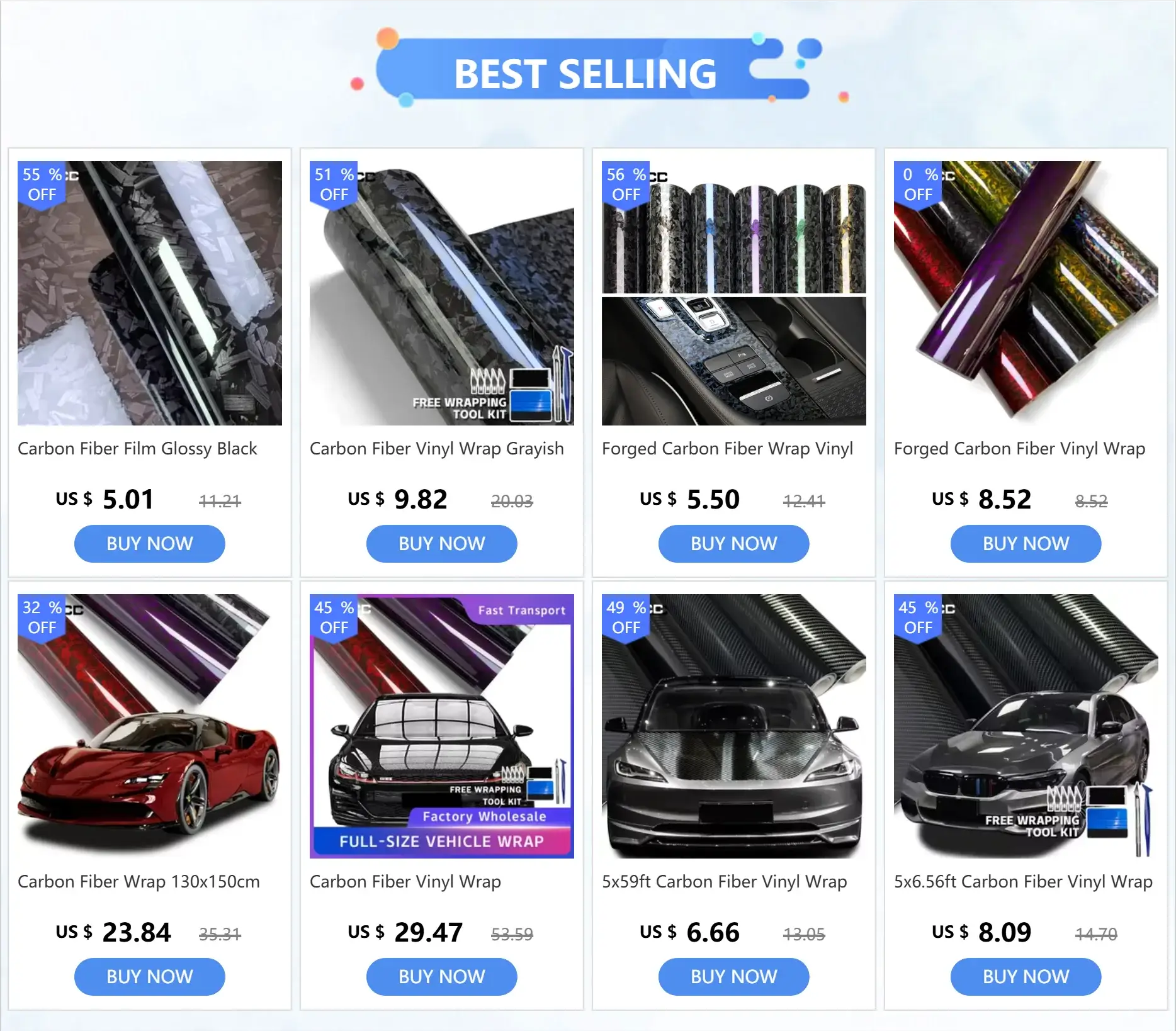Carbon fiber vinyl wrap assortment (12 items) by Simples Market, glossy black and forged finishes