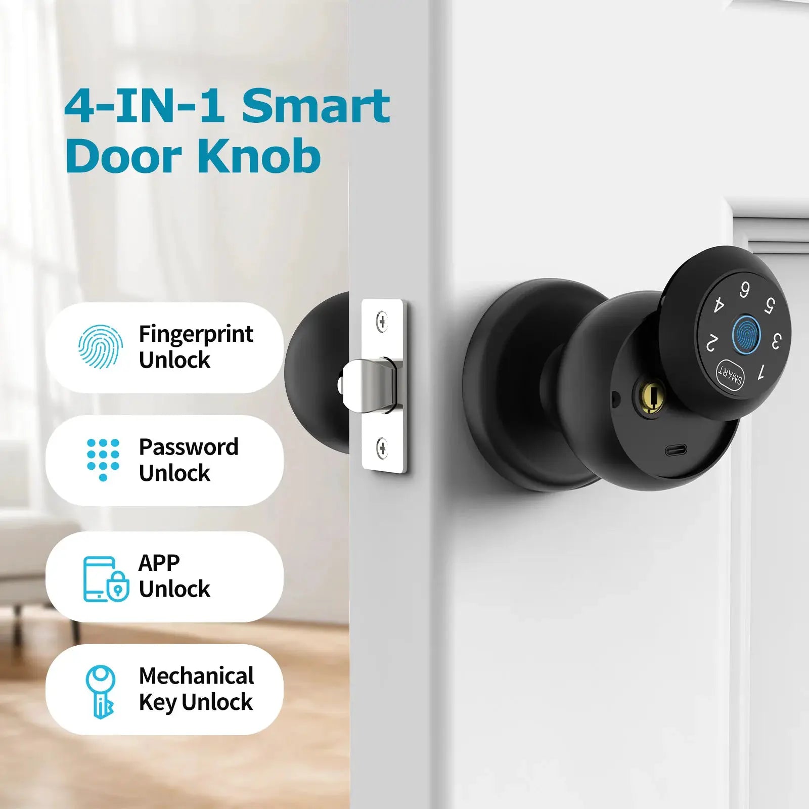 Viladepot ball-shaped smart door knob in black with fingerprint, keypad and app unlock options
