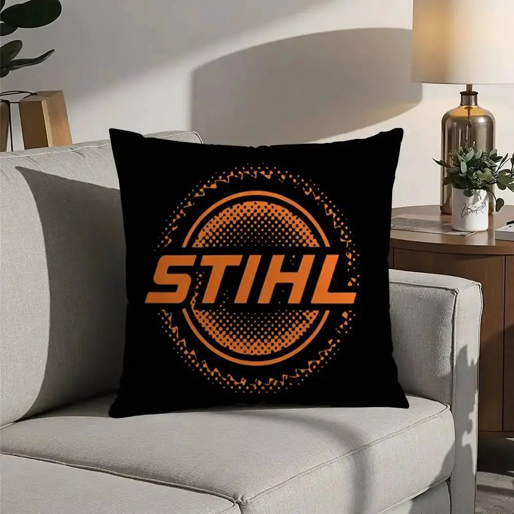 STIHL logo decorative pillow cover on black background, orange circular design, double-sided print, short plush fabric