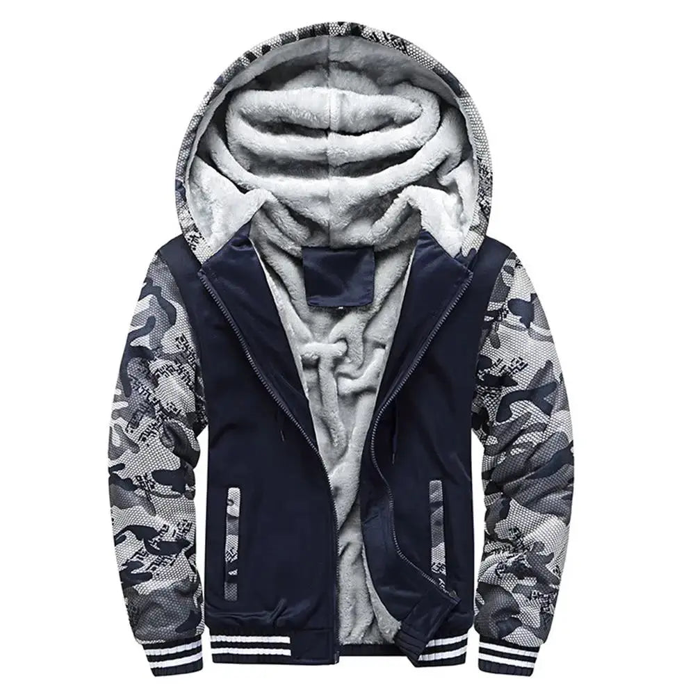 Men's camouflage fleece-lined jacket by Simples Market, navy body with grey sherpa lining and camo sleeves.