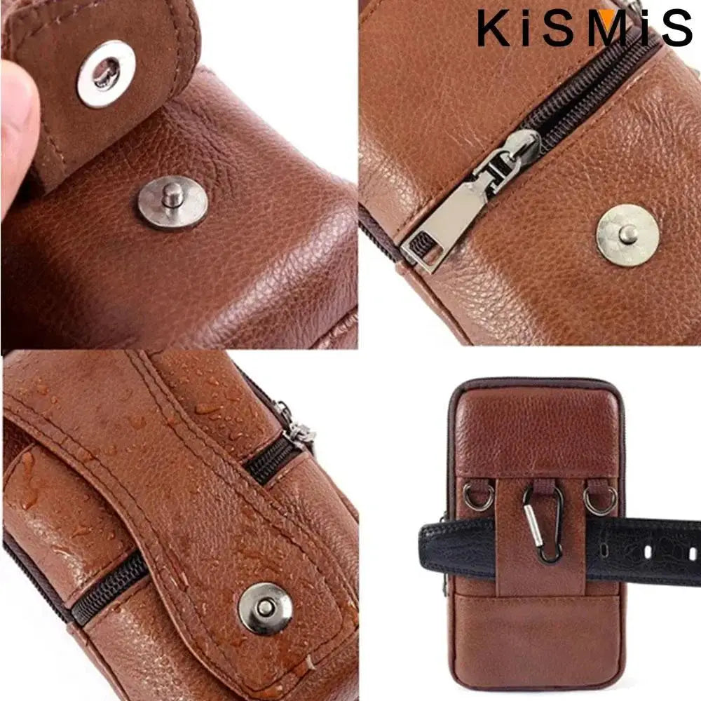 KISMIS brown leather waist bag with metal hardware, multiple compartments, and adjustable belt strap