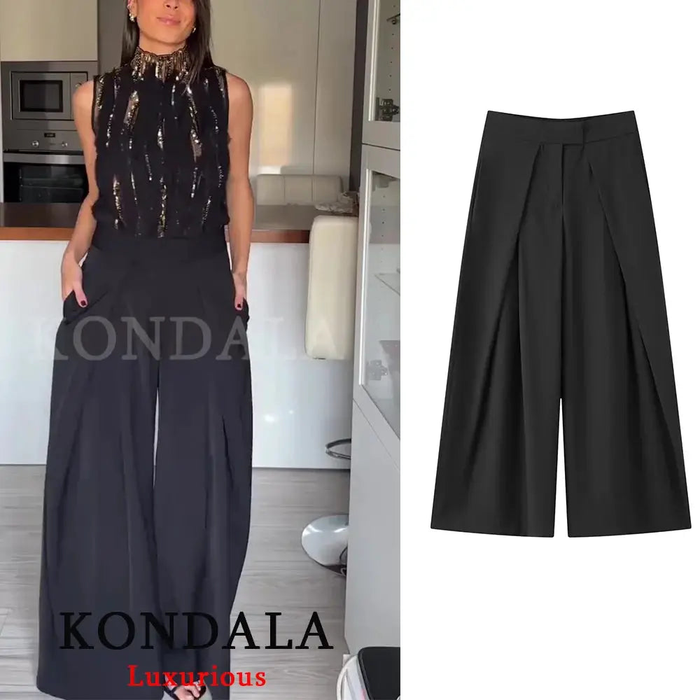 KONDALA Casual Chic Wide Leg Pants For Women High Waist Pleated Trousers With Pockets Office Lady