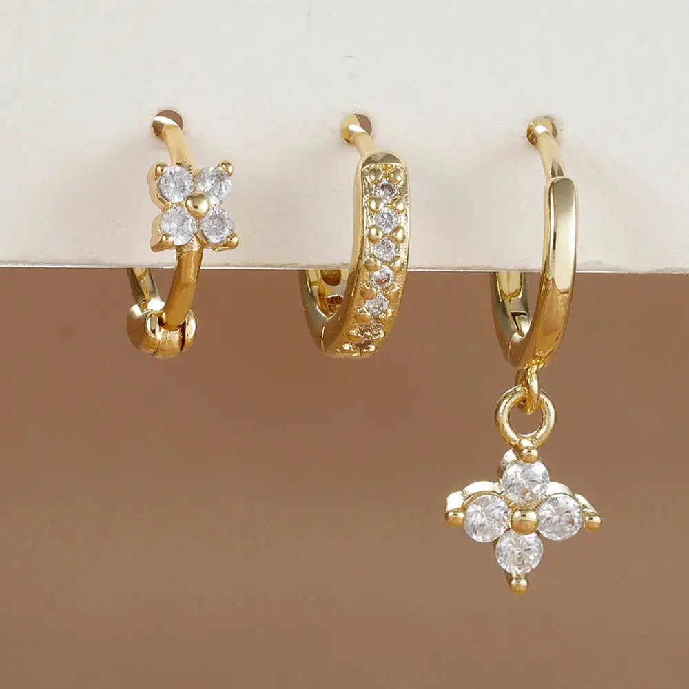 3Pcs Trendy Stainless Steel Flower Drop Earrings Set For Women Crystal Zirconia Dangle Hypoallergenic Piercing Jewelry