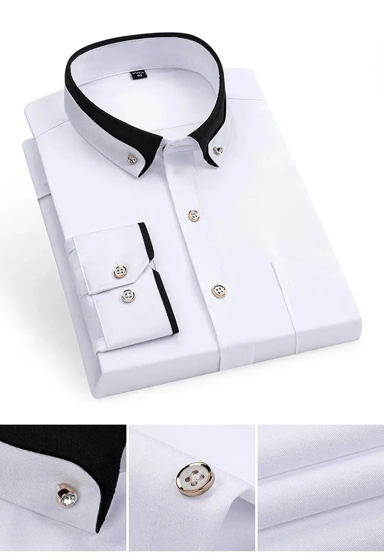 Men's white dress shirt with black contrast collar and cuffs, button-down with chest pocket