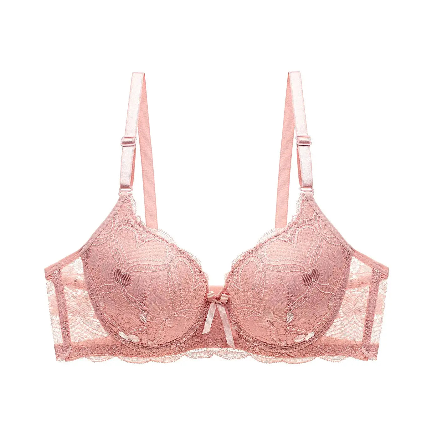 Pink lace push-up bra with floral embroidery, adjustable straps and small bow at center