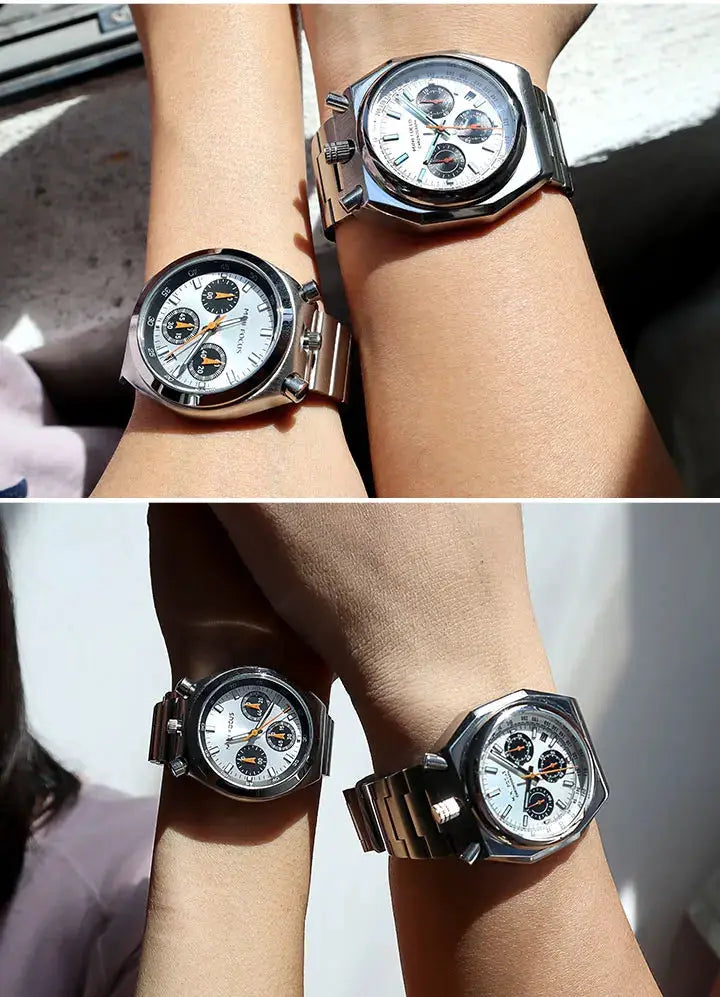 MINI FOCUS men's chronograph quartz watch with stainless steel strap; two silver-toned watches shown
