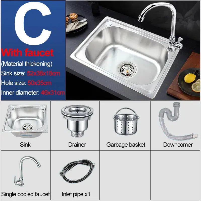 304 stainless steel wall-hung kitchen sink with faucet; includes drain, garbage basket, downcomer and inlet pipe