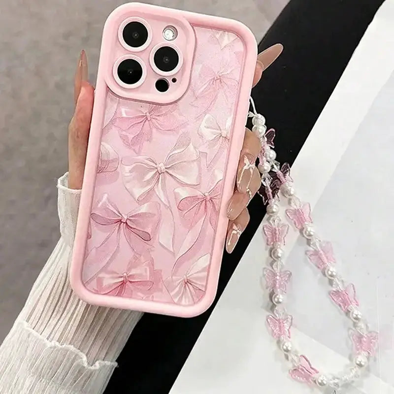 Pink Bow Silicone Case With Butterfly Charm For iPhone 7 Through 16 Pro Max Anti Fingerprint Scratch Resistant
