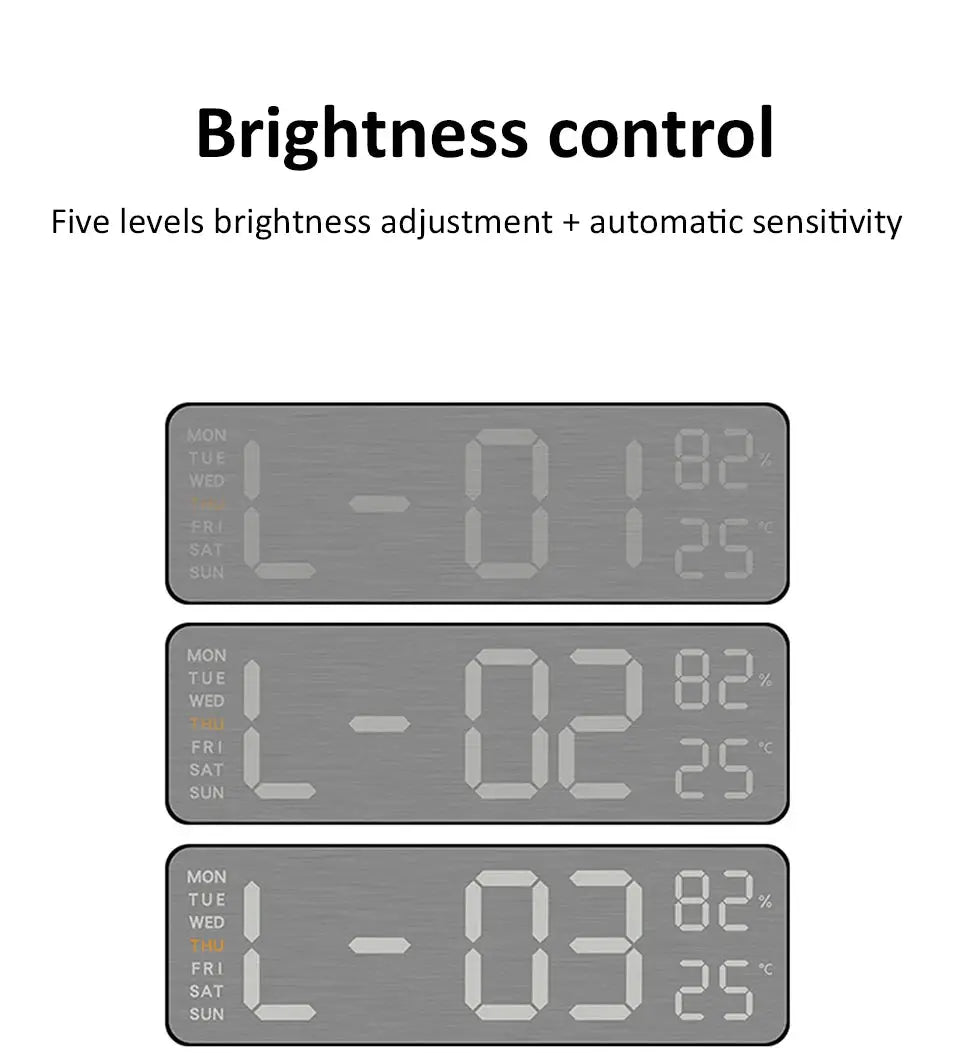Mirror-brushed finish wall clock set of three panels with large digital time display and temp/humidity readouts