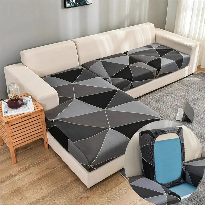 Geometric print sofa cover for corner sofa; elastic stretch slipcover in black and gray polygon panels by Simples Market