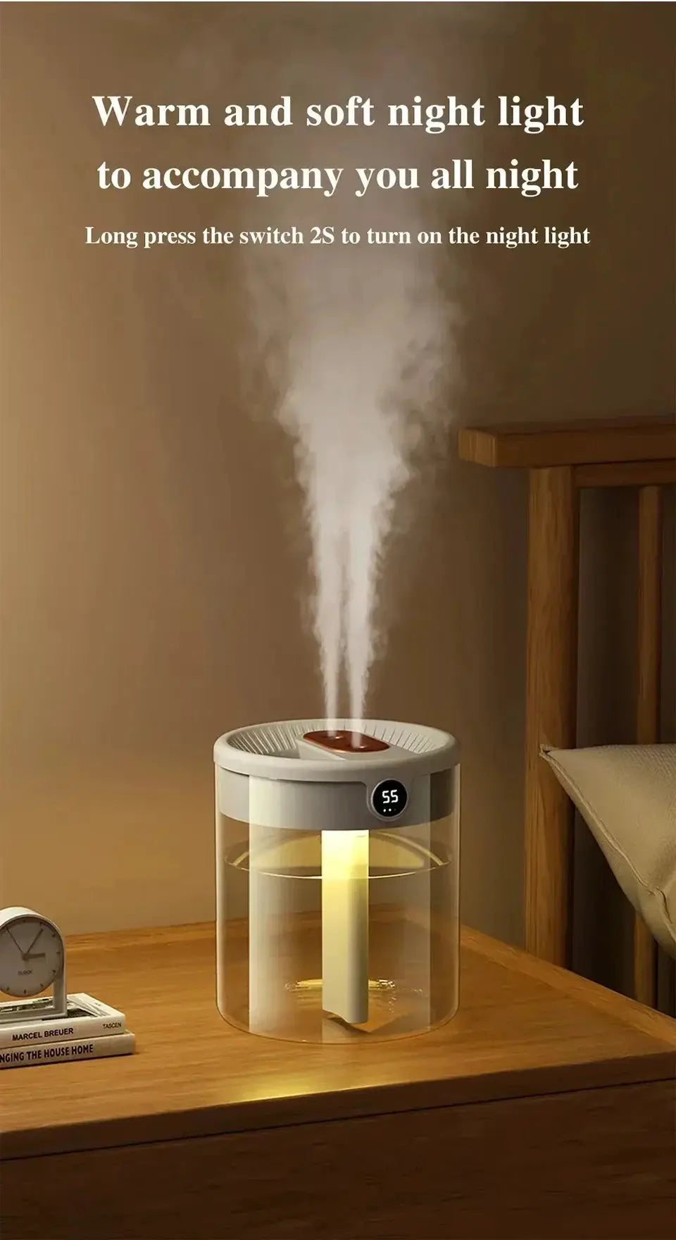 Dual Spray Humidifier USB Large Capacity Home 2L Quiet Bedroom LED Digital Display Night Light Office Desktop Mini Diffuser