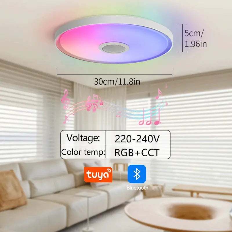 LED smart ceiling lamp with RGB+CCT, Bluetooth and Tuya control, 30cm diameter, 5cm height, built-in speaker.