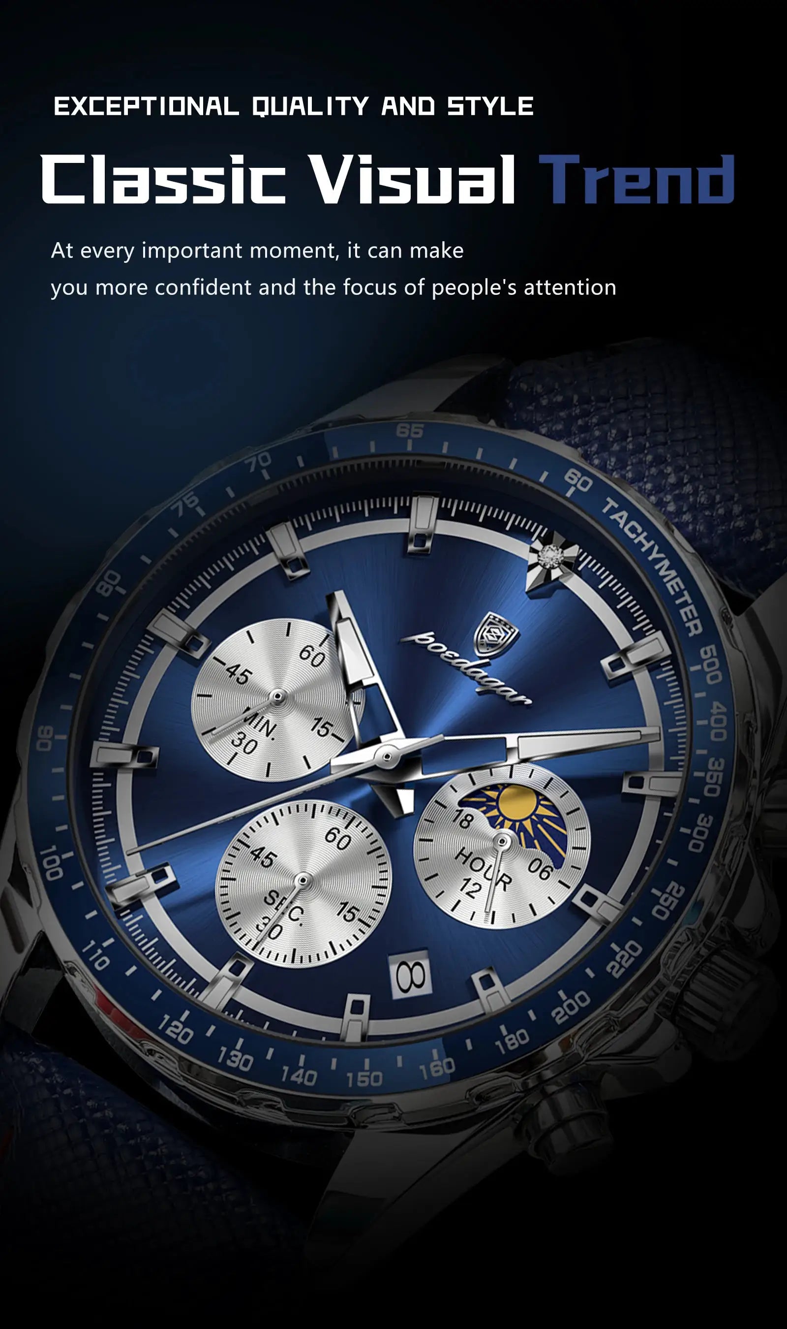 POEDAGAR men's blue dial chronograph wristwatch with tachymeter bezel