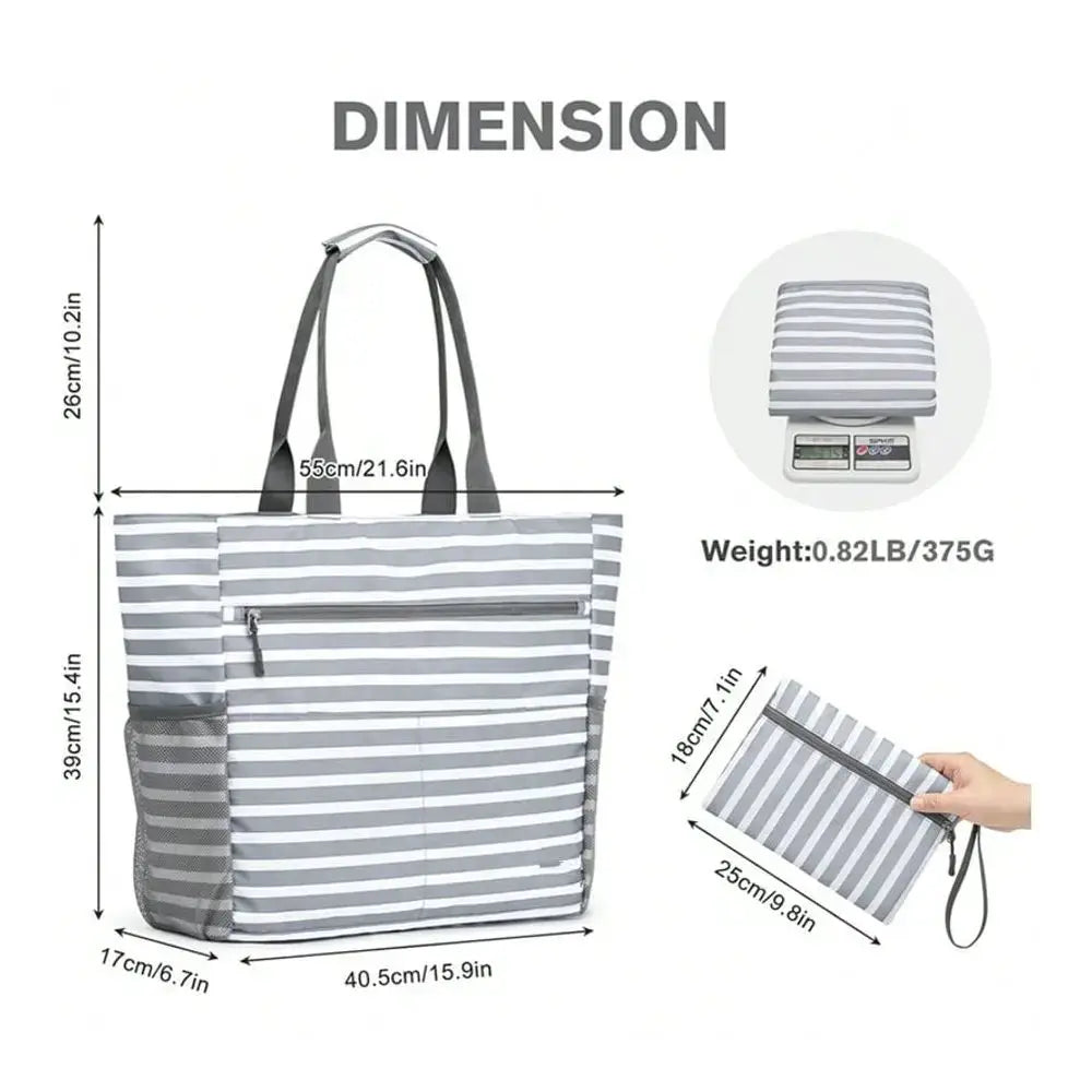 Waterproof foldable beach tote bag by Simples Market, gray striped tote with handles; folded version shown.