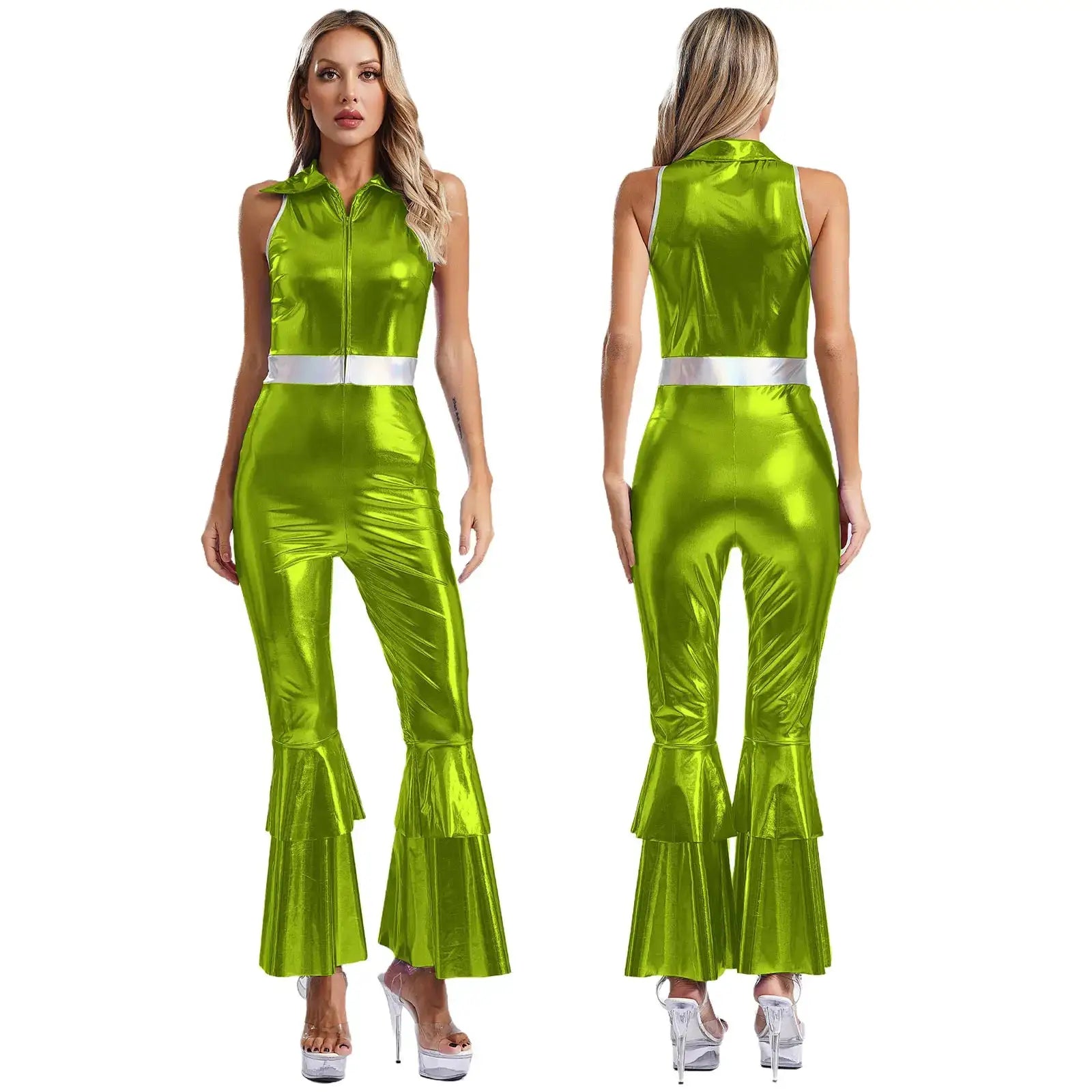 Womens lime-green metallic disco jumpsuit by Simples Market with white belt, front and back views