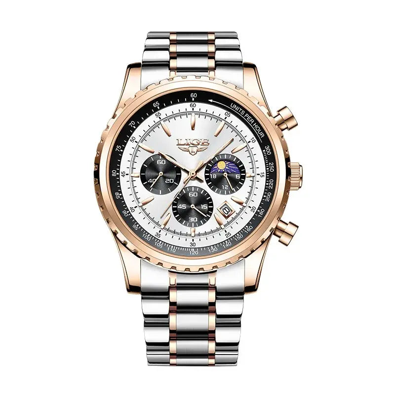 LIGE men's chronograph watch with two-tone rose-gold and silver stainless steel bracelet, luminous hands, date window