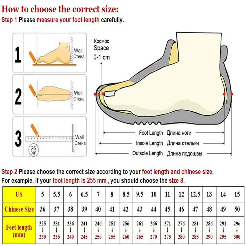 Men's genuine leather casual shoes size guide with foot-length measurement steps and US/Chinese size chart