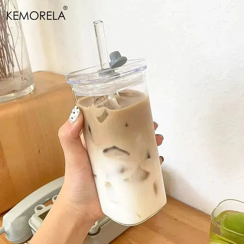 Square Heat Resistant Glass Coffee Cup With Lid And Straw Transparent Milk Tea Juice Cup For Home Bar Drinkware