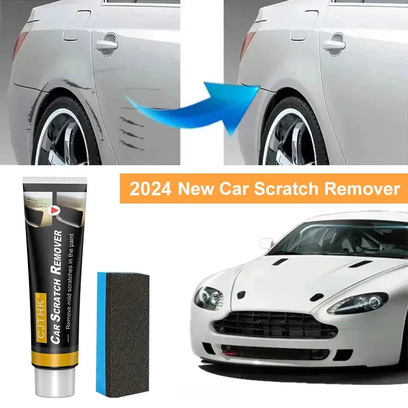 Simples Market car scratch remover kit with tube and foam pad, showing before/after car panels.