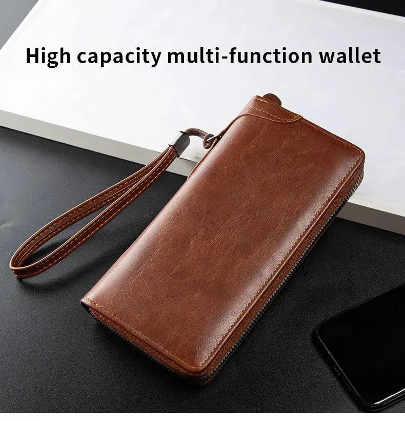Simples Market men's long zipper wallet in brown PU leather with wrist strap